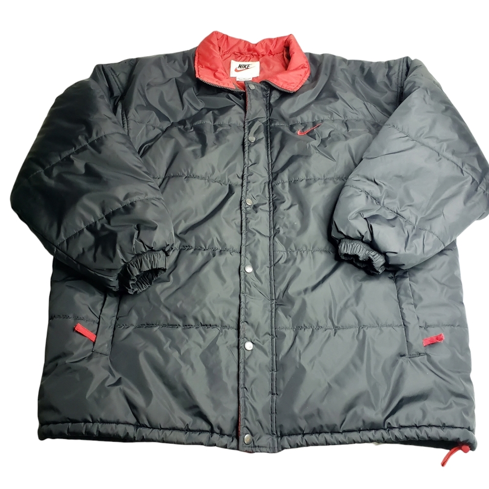 Vintage Nike Mens Winter Puffer Jacket Oversized Black Red Swoosh XL